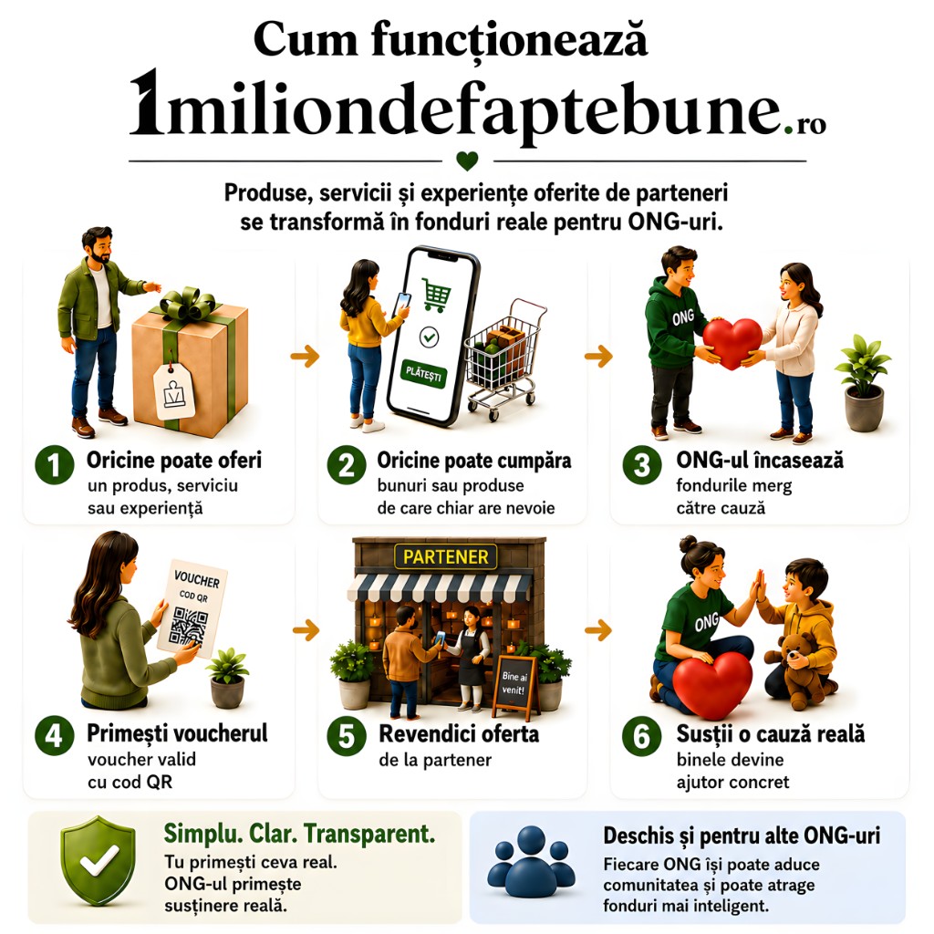 Infografic: cum funcționează 1miliondefaptebune.ro — pași de la oferta partenerului la voucher și utilizare; mesaje despre transparență și deschidere către ONG-uri.